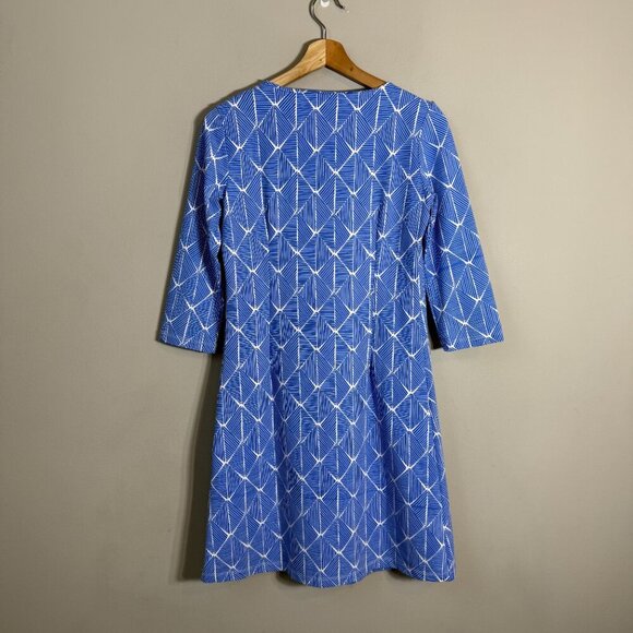 Mahi Gold Patterned Shift Mini Dress Womens Small Blue White Nautical Scuba Chic - Picture 3 of 10